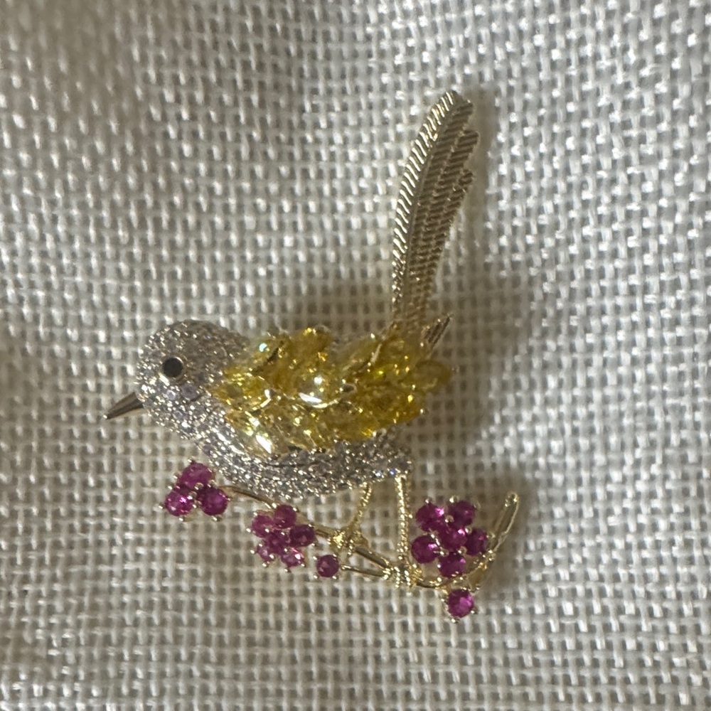Sparkling Bird Brooch with Yellow and Pink Accents